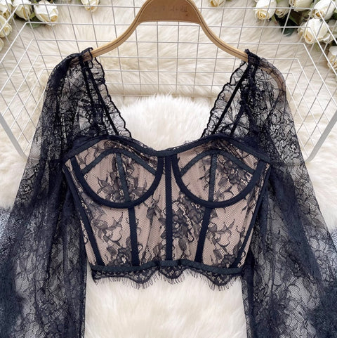 Midriff-baring Black Lace Top