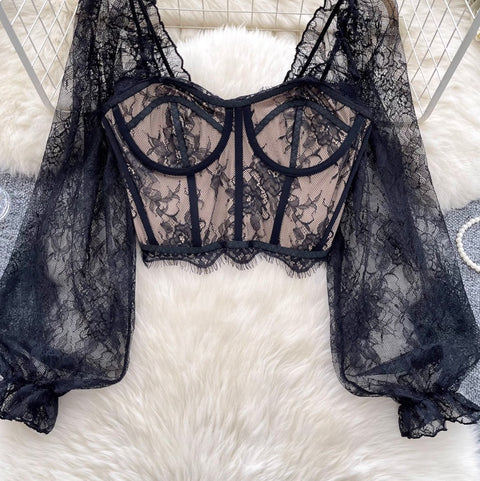 Midriff-baring Black Lace Top