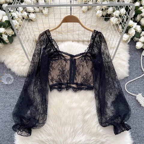 Midriff-baring Black Lace Top