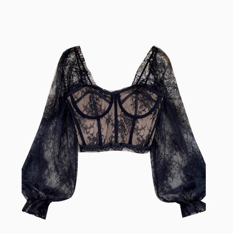 Midriff-baring Black Lace Top