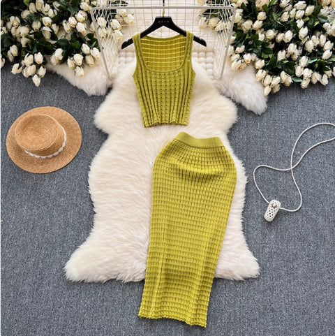 Plaid Knit Camisole & Skirt 2Pcs