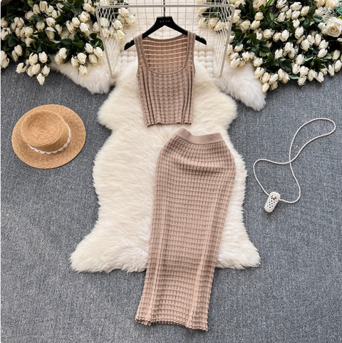Plaid Knit Camisole & Skirt 2Pcs