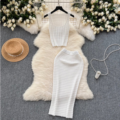 Plaid Knit Camisole & Skirt 2Pcs