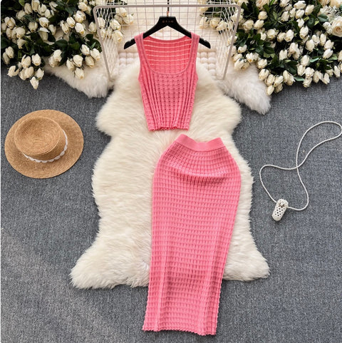 Plaid Knit Camisole & Skirt 2Pcs