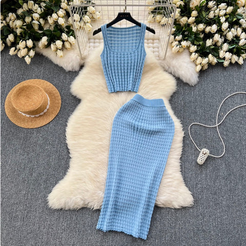 Plaid Knit Camisole & Skirt 2Pcs