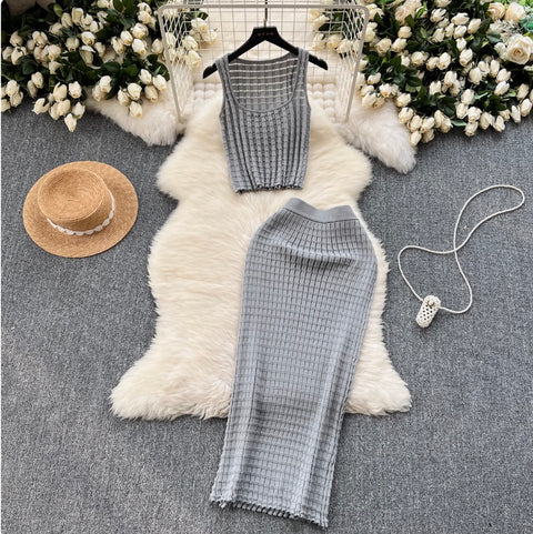 Plaid Knit Camisole & Skirt 2Pcs