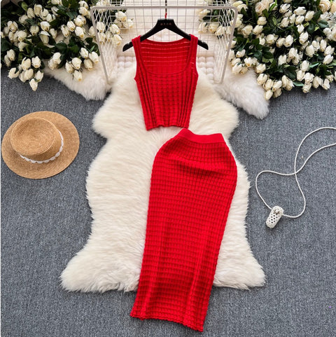 Plaid Knit Camisole & Skirt 2Pcs