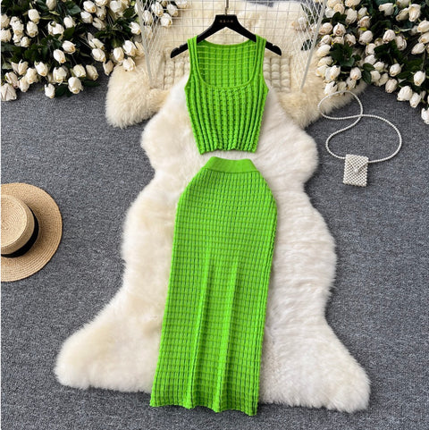 Plaid Knit Camisole & Skirt 2Pcs