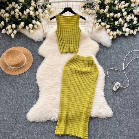 Plaid Knit Camisole & Skirt 2Pcs