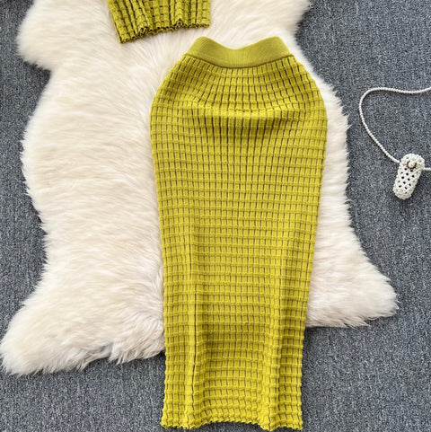 Plaid Knit Camisole & Skirt 2Pcs