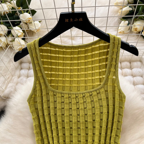 Plaid Knit Camisole & Skirt 2Pcs