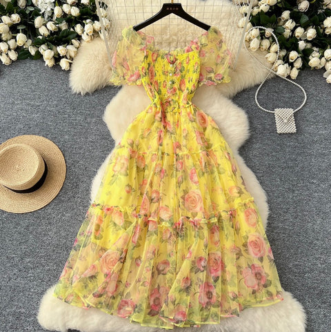 Fairy Puffy Sleeve Floral Chiffon Dress
