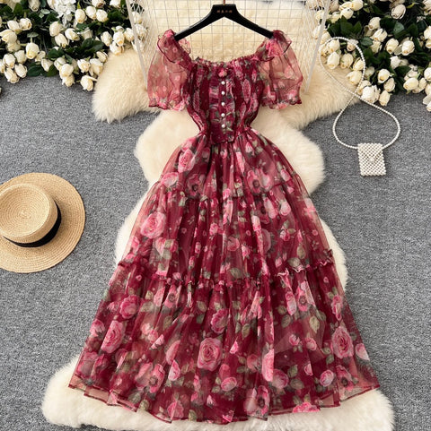 Fairy Puffy Sleeve Floral Chiffon Dress