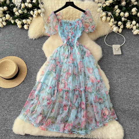 Fairy Puffy Sleeve Floral Chiffon Dress