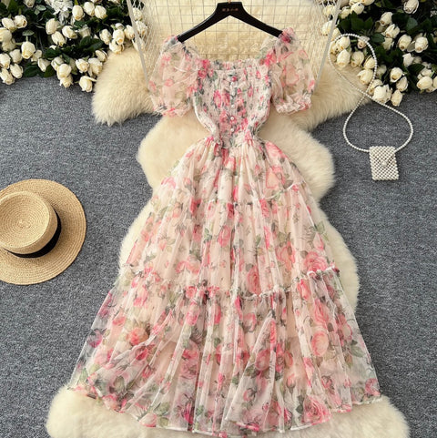 Fairy Puffy Sleeve Floral Chiffon Dress