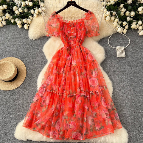 Fairy Puffy Sleeve Floral Chiffon Dress
