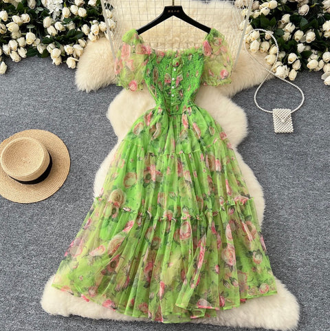 Fairy Puffy Sleeve Floral Chiffon Dress