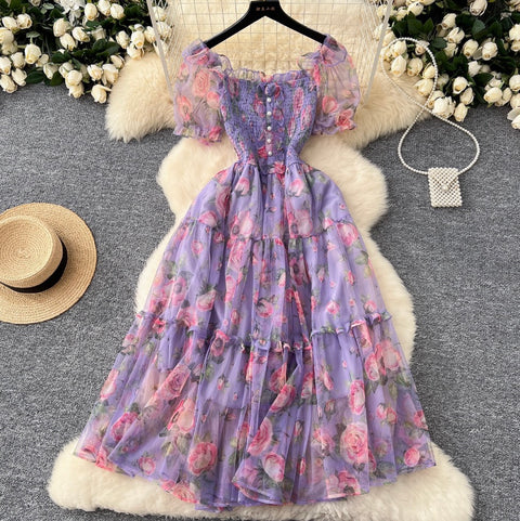 Fairy Puffy Sleeve Floral Chiffon Dress
