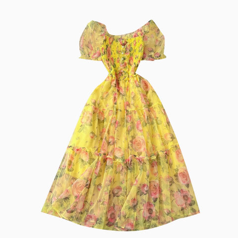 Fairy Puffy Sleeve Floral Chiffon Dress