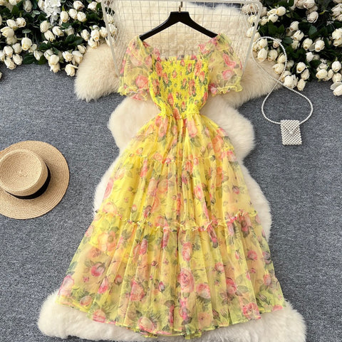 Fairy Puffy Sleeve Floral Chiffon Dress