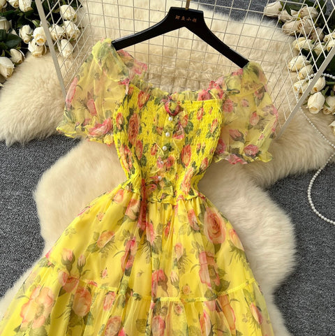 Fairy Puffy Sleeve Floral Chiffon Dress