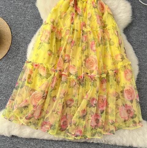 Fairy Puffy Sleeve Floral Chiffon Dress