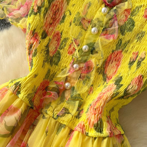 Fairy Puffy Sleeve Floral Chiffon Dress