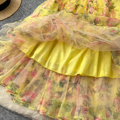 Fairy Puffy Sleeve Floral Chiffon Dress