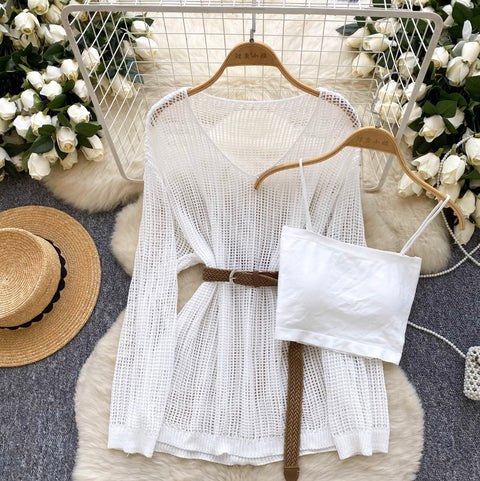 V-neck Hollowed Knitwear & Camisole 2Pcs