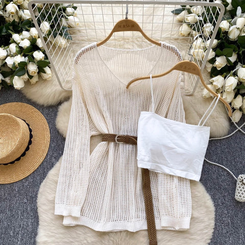 V-neck Hollowed Knitwear & Camisole 2Pcs