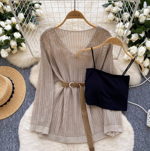 V-neck Hollowed Knitwear & Camisole 2Pcs