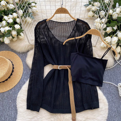 V-neck Hollowed Knitwear & Camisole 2Pcs