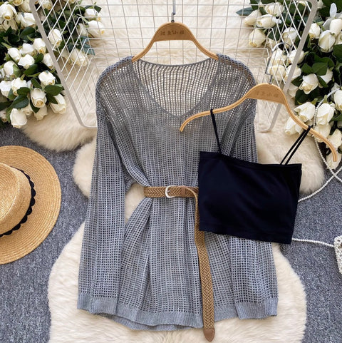 V-neck Hollowed Knitwear & Camisole 2Pcs