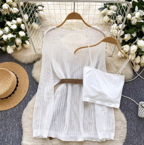 V-neck Hollowed Knitwear & Camisole 2Pcs
