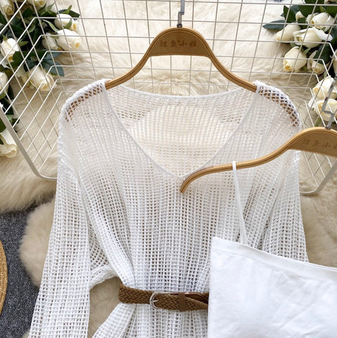 V-neck Hollowed Knitwear & Camisole 2Pcs