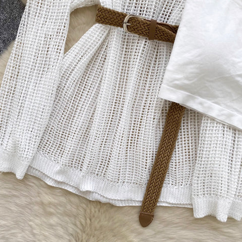 V-neck Hollowed Knitwear & Camisole 2Pcs