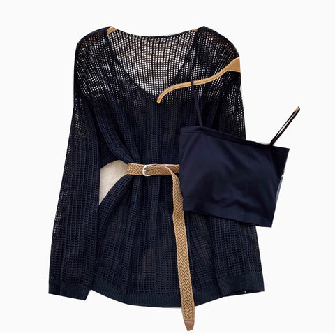 V-neck Hollowed Knitwear & Camisole 2Pcs