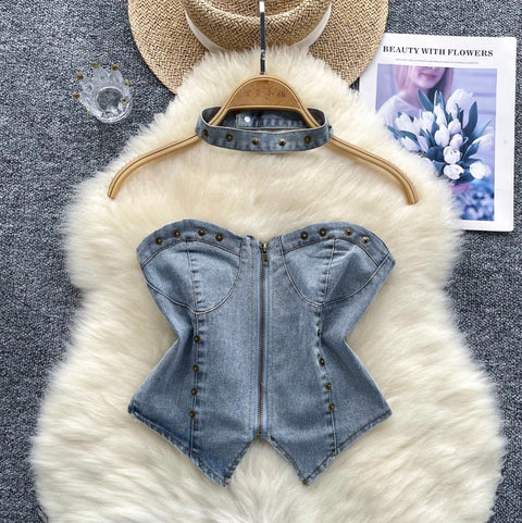 Chic Denim Tank Top with Choker