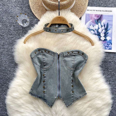 Chic Denim Tank Top with Choker