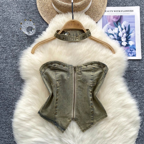 Chic Denim Tank Top with Choker