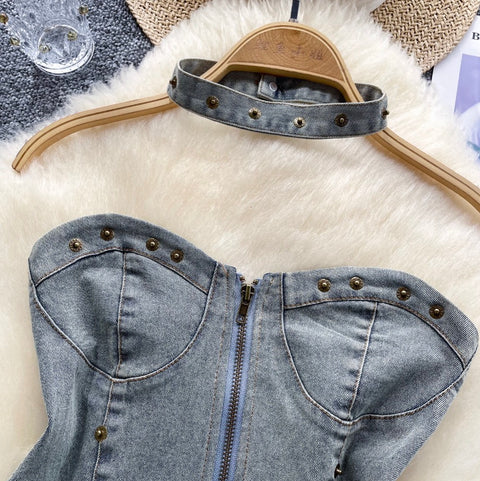 Chic Denim Tank Top with Choker