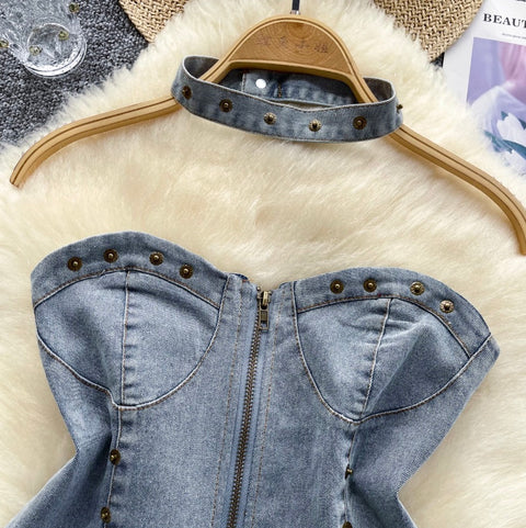 Chic Denim Tank Top with Choker