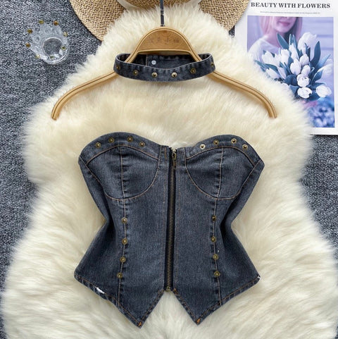 Chic Denim Tank Top with Choker