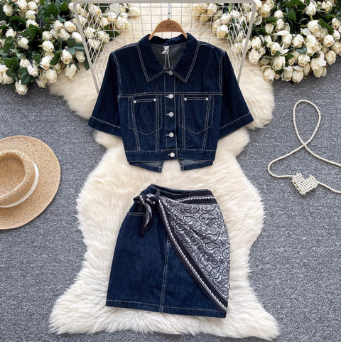 Casual Denim Shirt & A-line Skirt 2Pcs