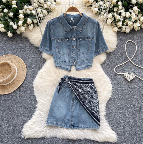 Casual Denim Shirt & A-line Skirt 2Pcs