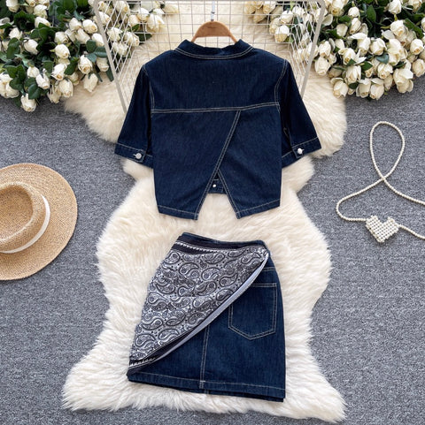 Casual Denim Shirt & A-line Skirt 2Pcs