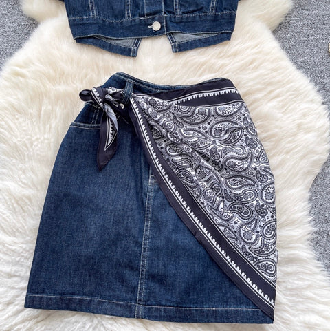 Casual Denim Shirt & A-line Skirt 2Pcs