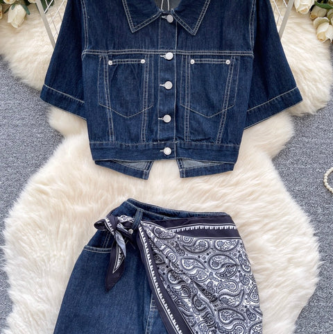 Casual Denim Shirt & A-line Skirt 2Pcs