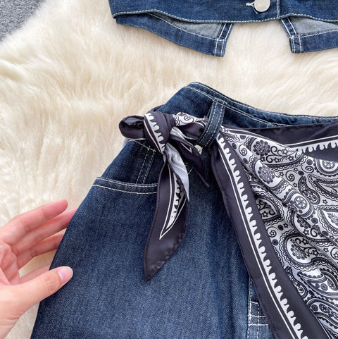 Casual Denim Shirt & A-line Skirt 2Pcs
