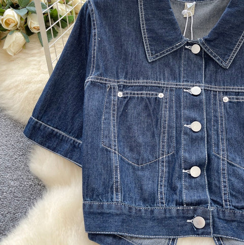Casual Denim Shirt & A-line Skirt 2Pcs